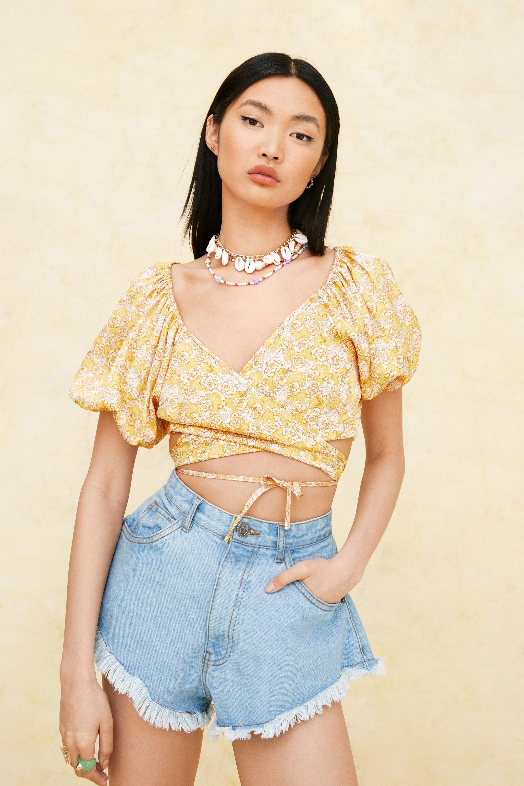 Floral V Neck Wrap Puff Sleeve Crop Top | Nasty Gal (US)