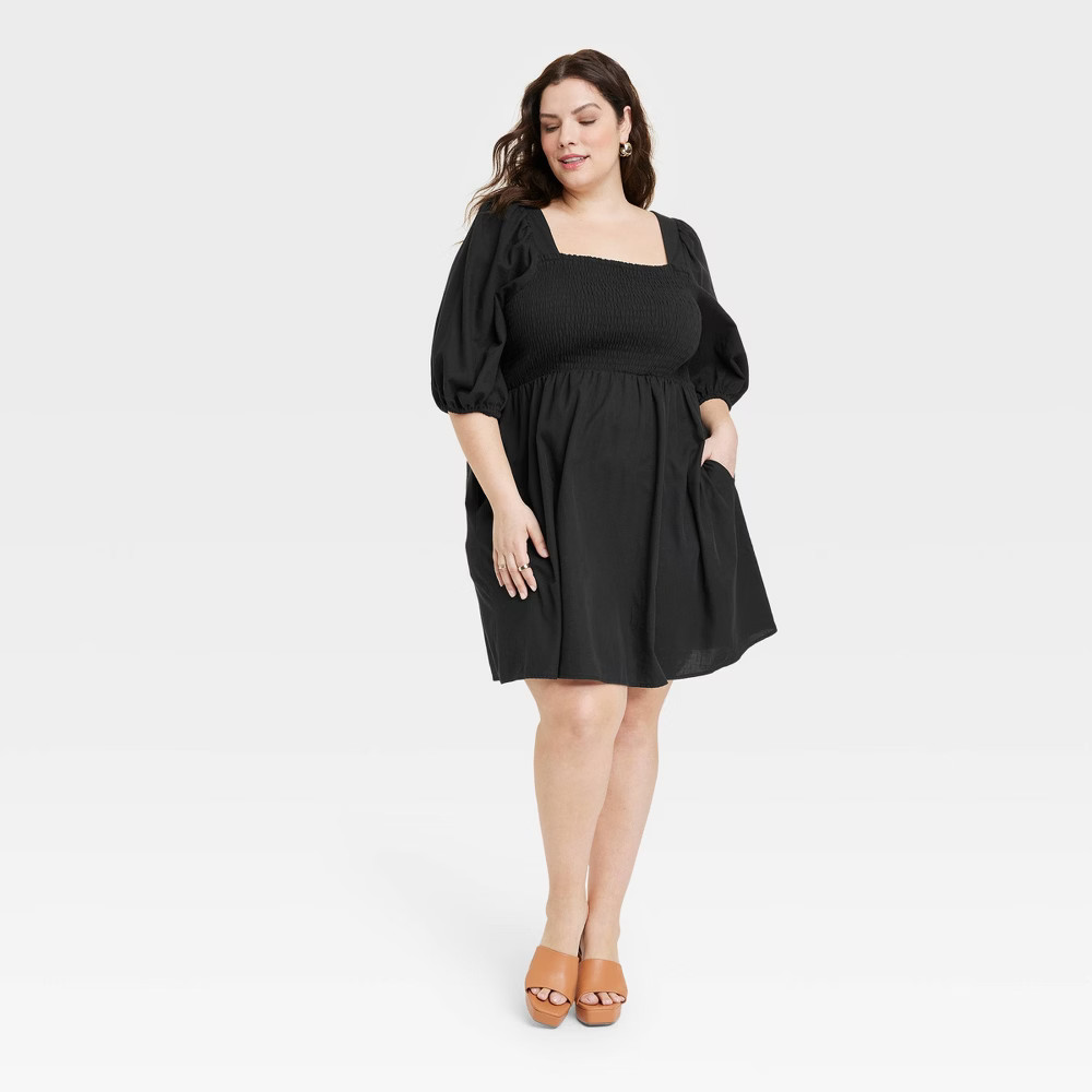 Women's Balloon Elbow Sleeve Smocked Mini Dress - Ava & Viv™ Black 1X | Target