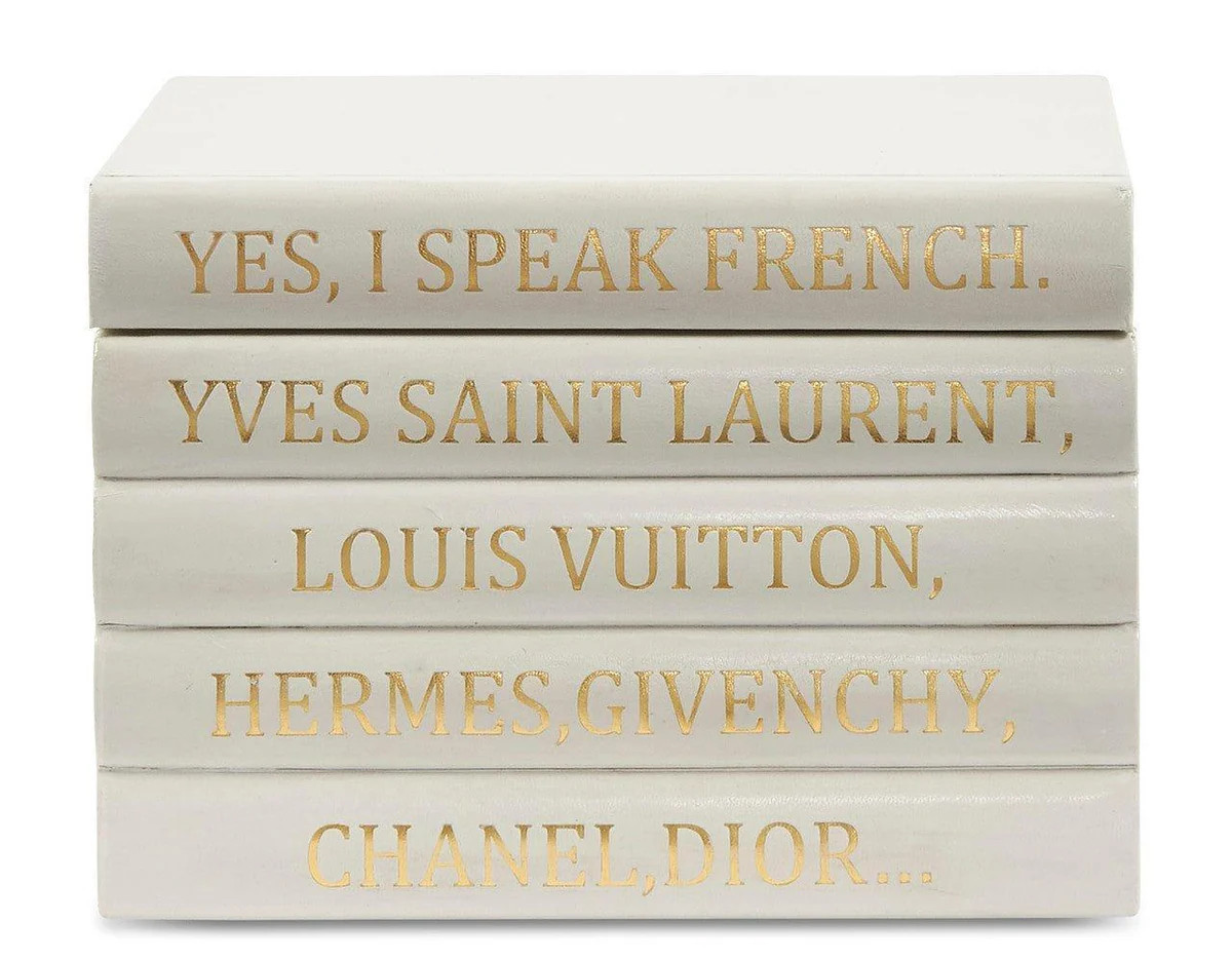 5 Volume Vellum White Leather Box with "I Speak French..." Quote Book Stack | The Well Appointed House, LLC