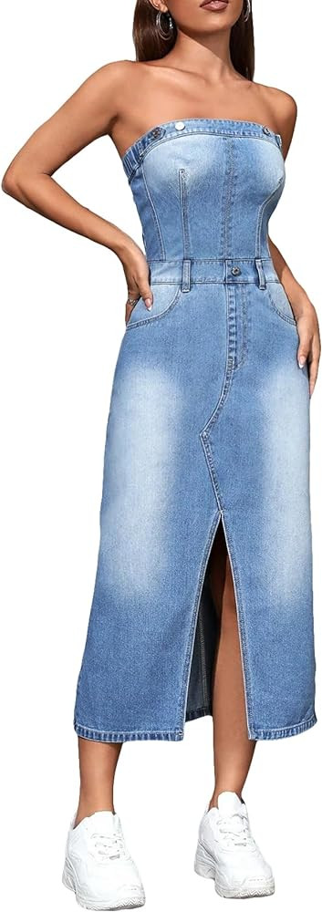 WDIRARA Women's Strapless Tube Top Sleeveless Split Back Fitted Denim Midi Dress | Amazon (US)