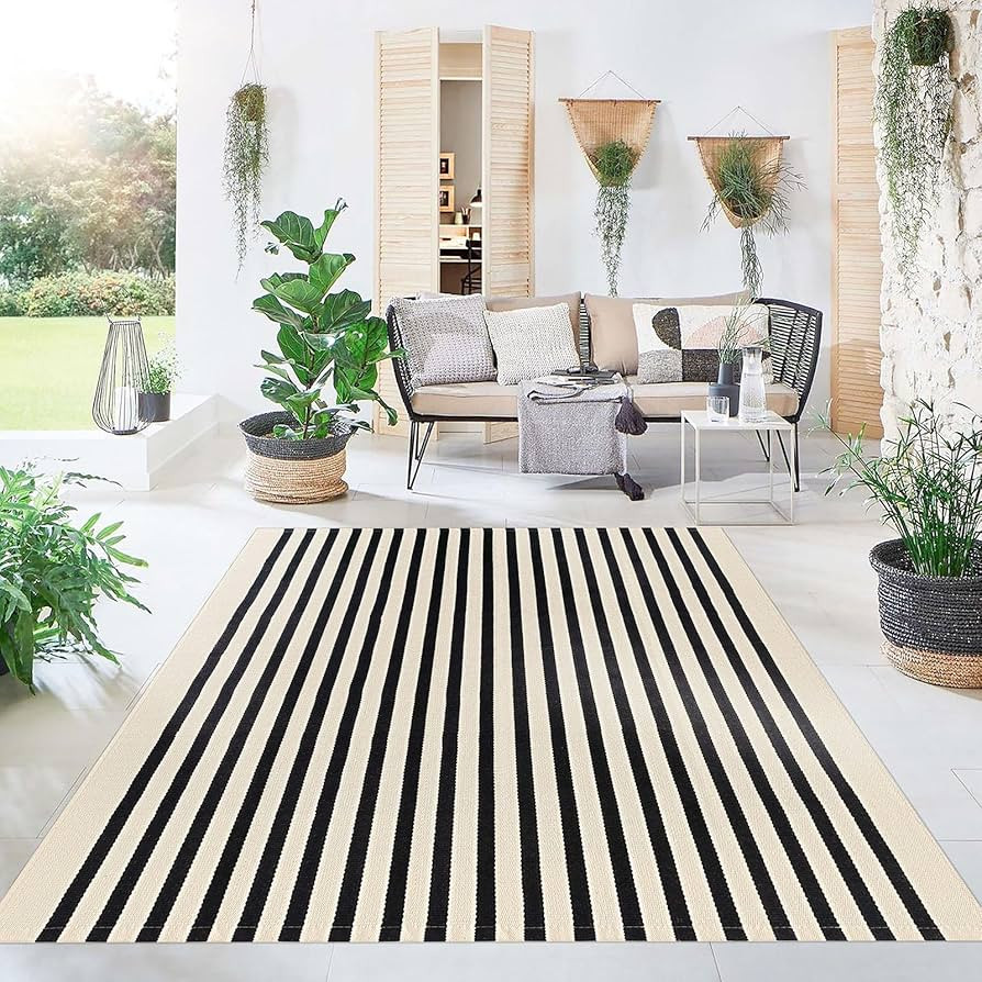 KOZYFLY Black and Beige Striped Rug 5x8 Ft Area Rug Washable Indoor Outdoor Rug Cotton Outdoor Pa... | Amazon (US)