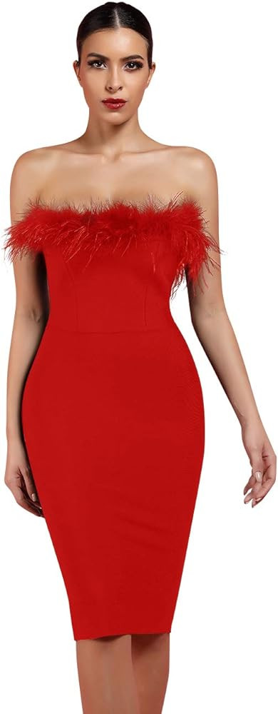 whoinshop Women's Sexy Off Shoulder Feather Bandage Evening Club Party Dress | Amazon (US)