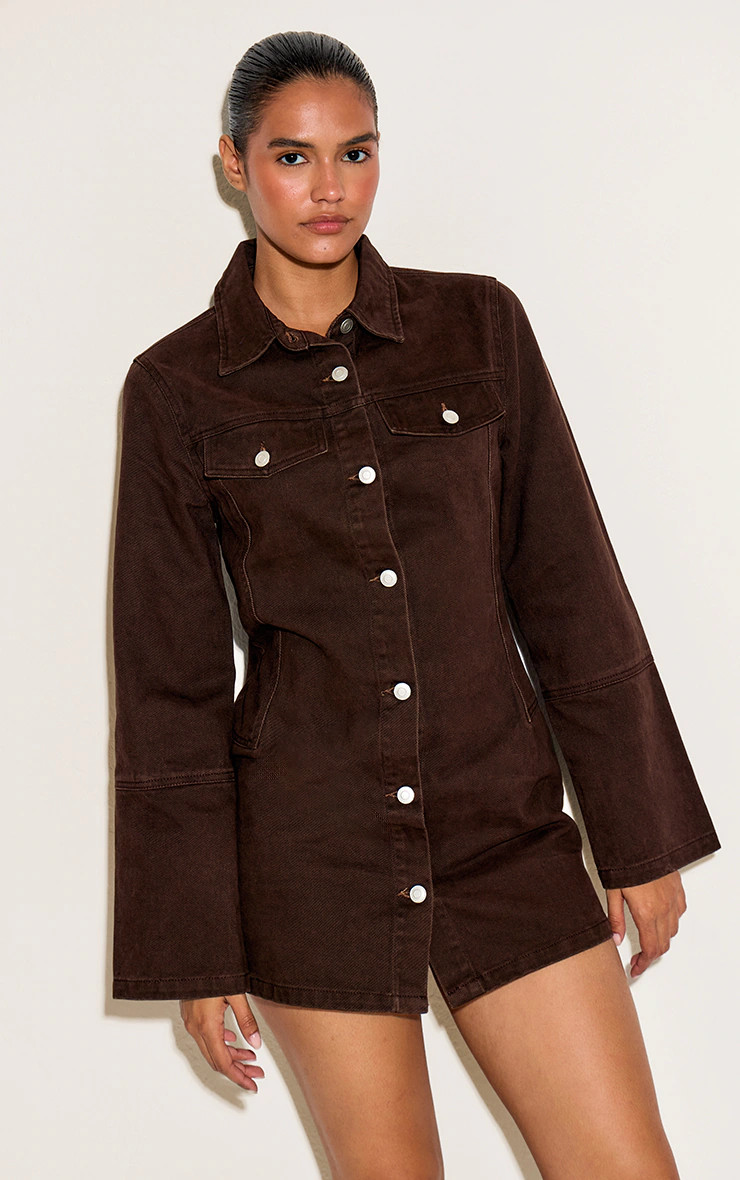 Dark Chocolate Seam Long Sleeve Denim Shirt Dress | Denim | PrettyLittleThing UK