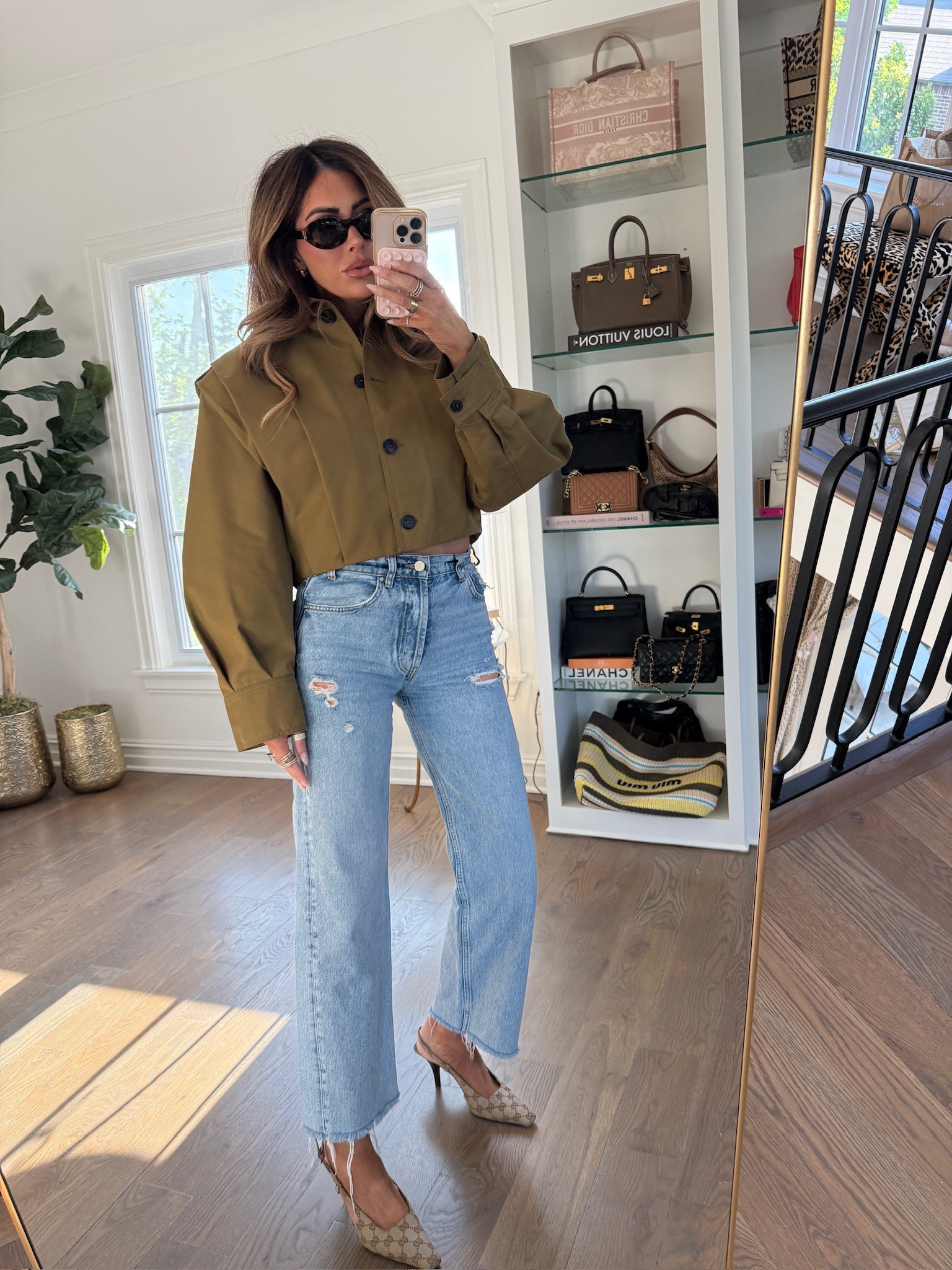 Wearing a size small in Jacket and 25 in jeans. 

Womens fashion, Zara fashion, Gucci heels, YSL sunglasses, green jacket, pleated jacket, Emily Ann Gemma 

#LTKStyleTip #LTKShoeCrush