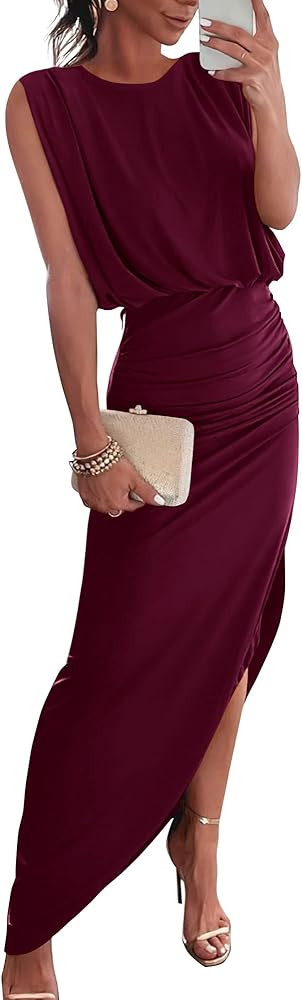 BTFBM Women's Sleeveless Ruched Bodycon Dress Summer High Waist Asymmetrical Slit Casual Party Co... | Amazon (US)