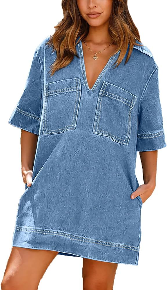 Womens V-Neck Denim Dress 4 Pocket Short Sleeve Mini Dress | Amazon (US)