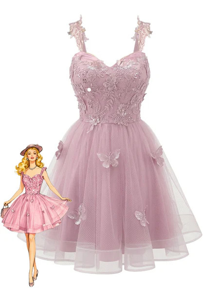 [Pre-Sale] Pink 1960s Butterfly Tulle Glitter Homecoming Mini Dress | Retro Stage