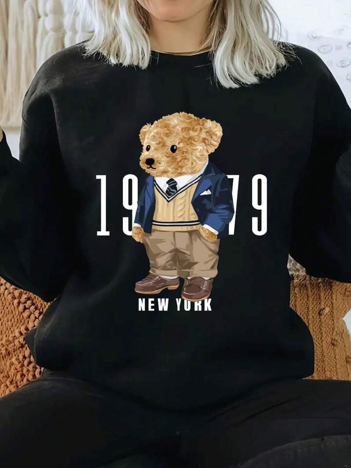 Women's Imitation Round Neck Sweatshirt, Sports Style, With New York Bear Doll Pattern. Suitable ... | SHEIN