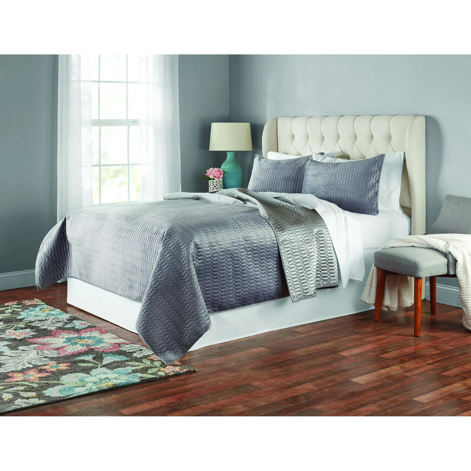 Mainstays Poly Plush Velvet Geometric Stitched 3 Piece King Quilt Set | Walmart (US)