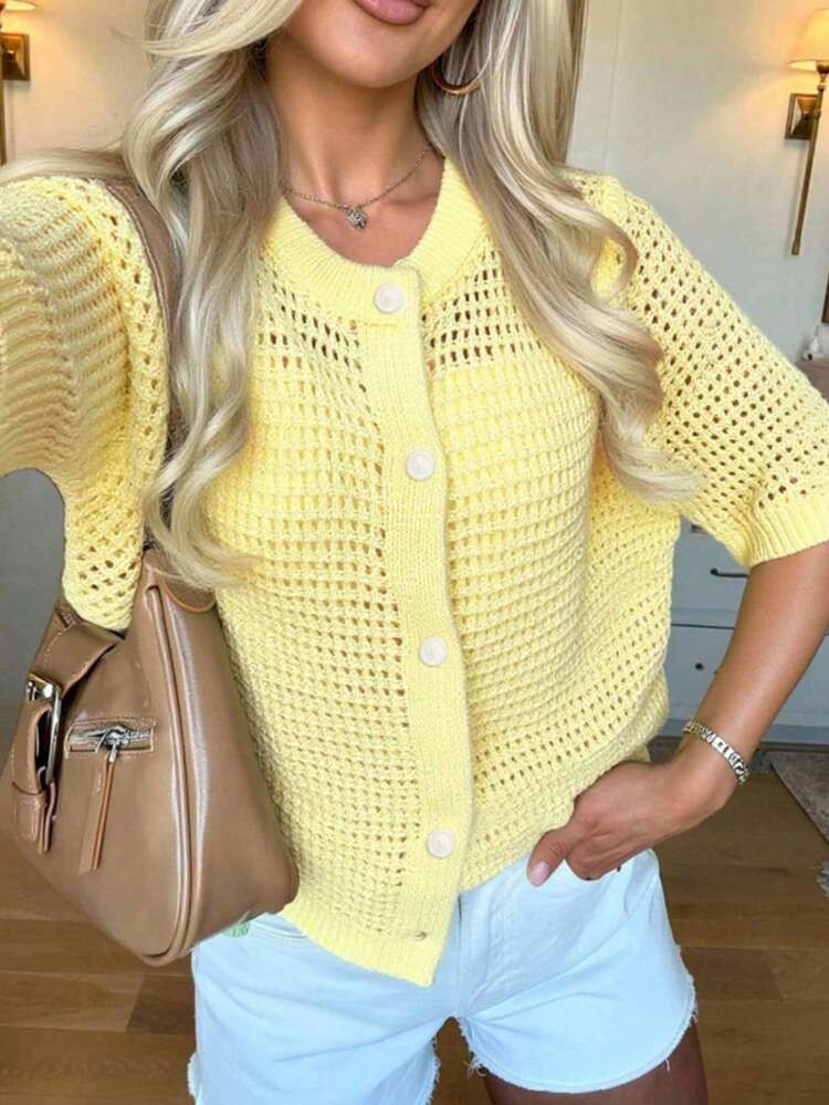 Loose Fit Round Neck Single-Breasted Short Sleeve Knit Cardigan, Soft And Slimming Layering Sweat... | SHEIN