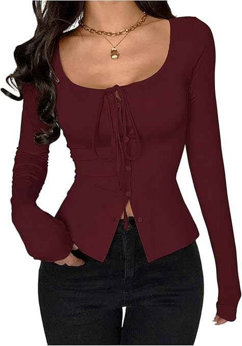 SOLY HUX Women's Long Sleeve Shirts Bow Tie Button Down Scoop Neck T-Shirt Aesthetic Going Out To... | Amazon (US)