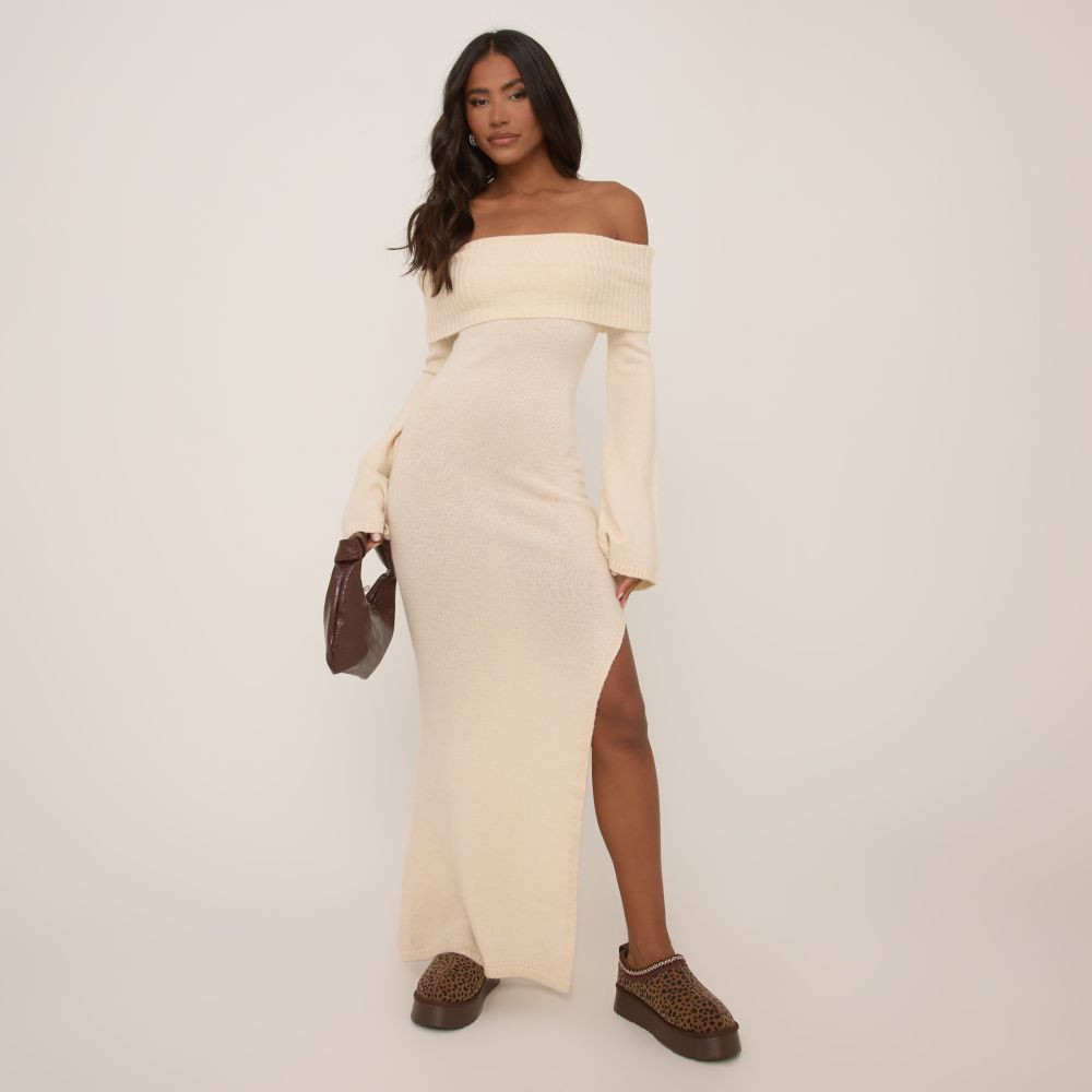Long Sleeve Bardot Side Split Maxi Dress In Stone Soft Knit | EGO (UK)