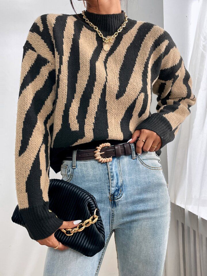 SHEIN Privé Zebra Stripe Drop Shoulder Sweater | SHEIN
