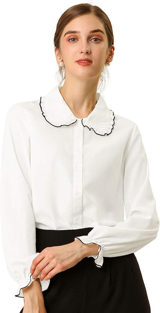 Allegra K Women's Sweet Ruffle Peter Pan Collar Long Sleeves Button Up Shirt | Amazon (US)
