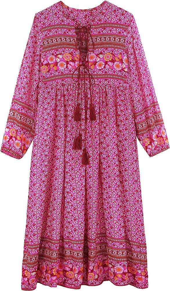 UIMLK Boho Maxi Dresses for Women Casual Summer, Cotton Long Sleeve Floral Print Tassel Bohemian ... | Amazon (US)
