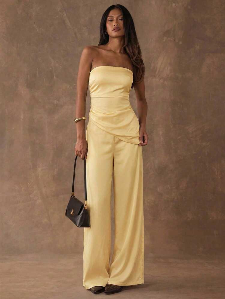 SHEIN BAE Women's Casual Elegant Pale Yellow Pleated Fitted Tube Top And Wide Leg Pants Set For S... | SHEIN