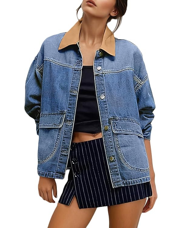EVALESS Jean Jacket Women Trendy Color Block Denim Jacket Oversized Long Sleeve Button Down Barn ... | Amazon (US)