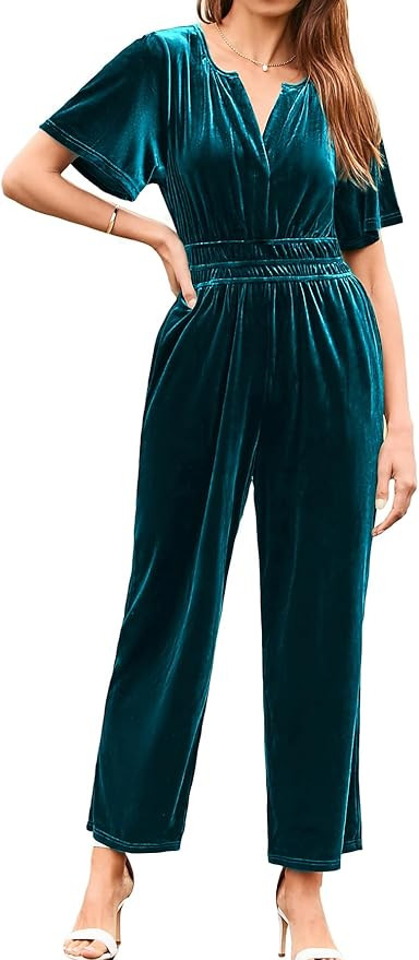 Simplee Womens Short Sleeve Wide Leg Velvet Jumpsuit Dressy V Neck Elastic Waist Formal Jumpsuits... | Amazon (US)