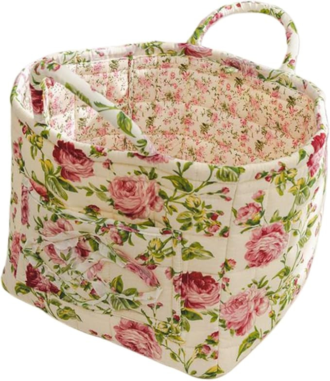 Quilted Fabric Storage Basket with Handles – Boho Foldable Floral Organizer Bin for Home, Picni... | Amazon (US)