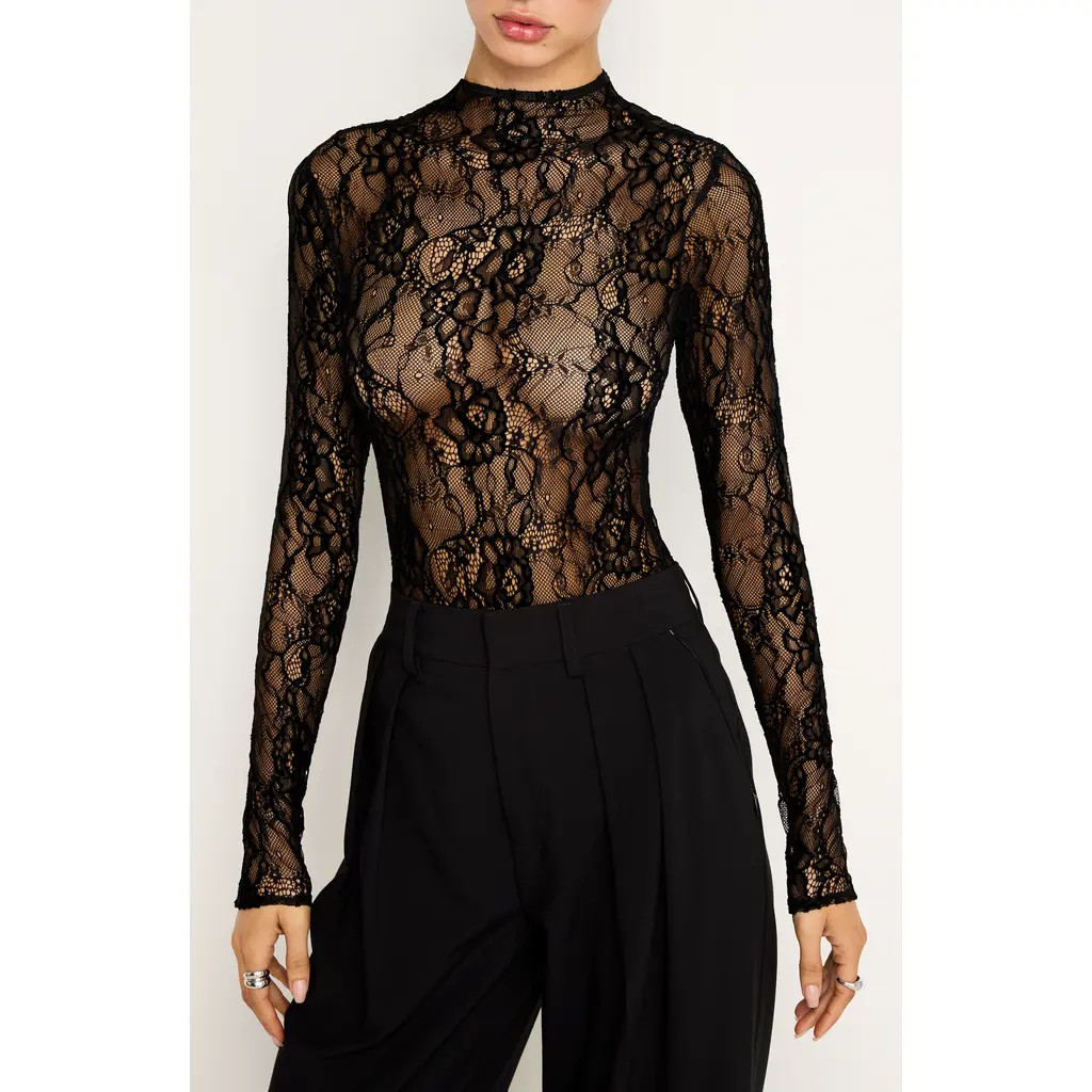 Good American Sheer Lace Long Sleeve Bodysuit in Black001 at Nordstrom, Size X-Large | Nordstrom