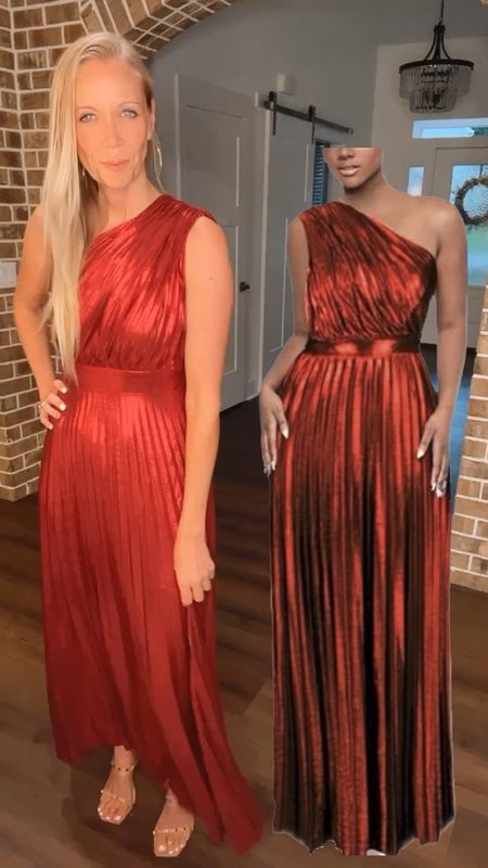 SIZING: all I can say is this beautiful red dress is so comfortable and has nice stretchy, pleated material and I LOVE the one shoulder design and metallic shine that it has!  😍  It fits true to size— I am wearing a size small so I would recommend going with your normal dress/shirt size. 🫶

#LTKover40 #LTKHoliday #LTKwedding