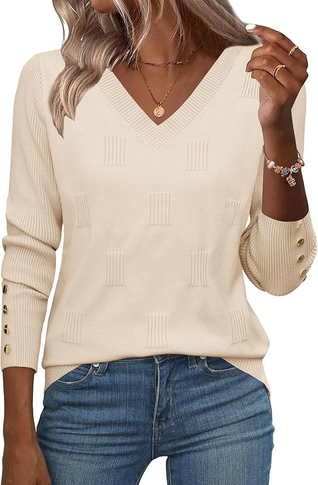 Zeagoo Womens V Neck Sweaters Shirts Long Sleeve Lightweight Ribbed Knit Pullover Sweater Blouse ... | Amazon (US)