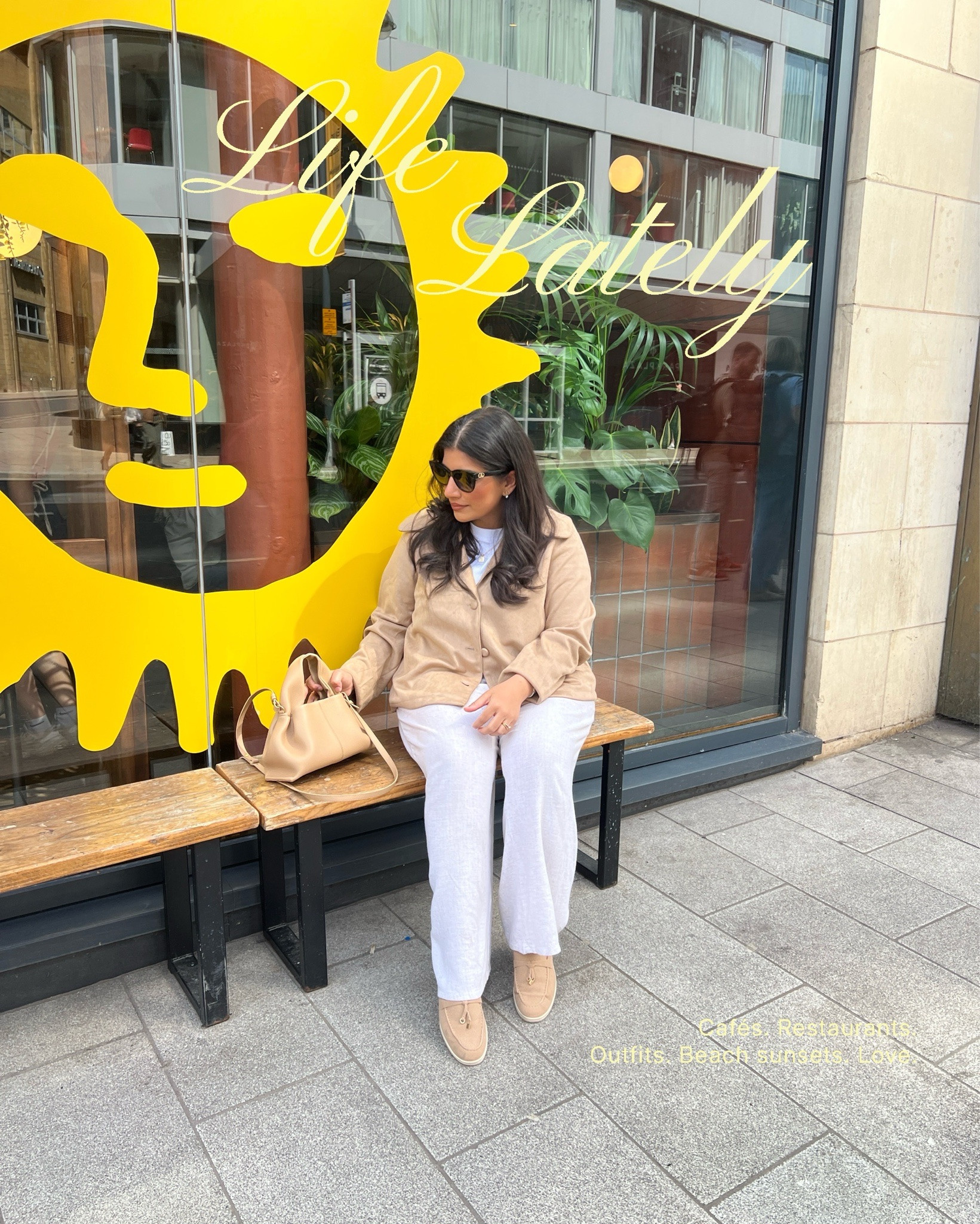 Tan suede jacket 
Petite linen trousers

