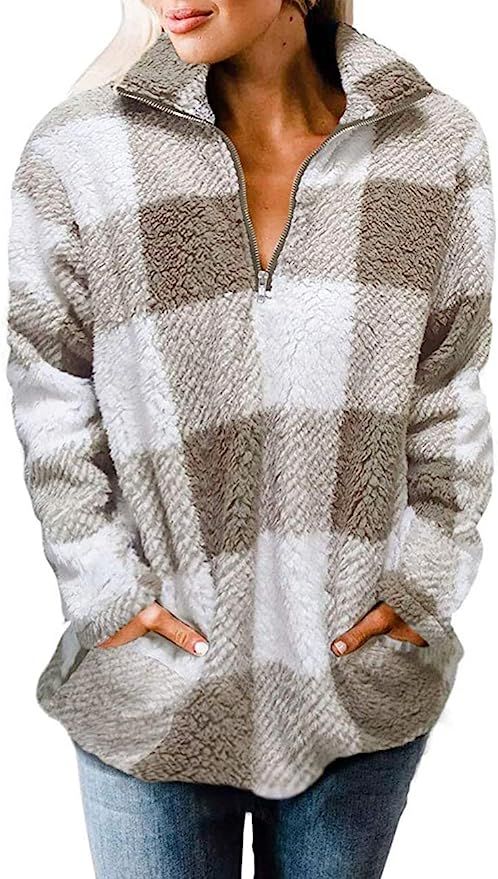 MEROKEETY Women's Plaid Sherpa Fleece Zip Sweatshirt Long Sleeve Pullover Jacket | Amazon (US)