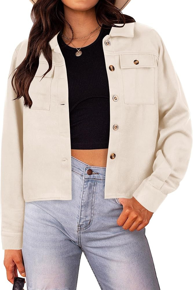 HOTOUCH Women Fashion Cropped Shacket Button Down Trendy Shacket Jackets Casual Long Sleeve Crop ... | Amazon (US)