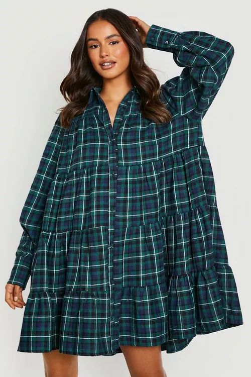 Flannel Ruffle Hem Oversized Shirt Dress | Boohoo.com (US & CA)