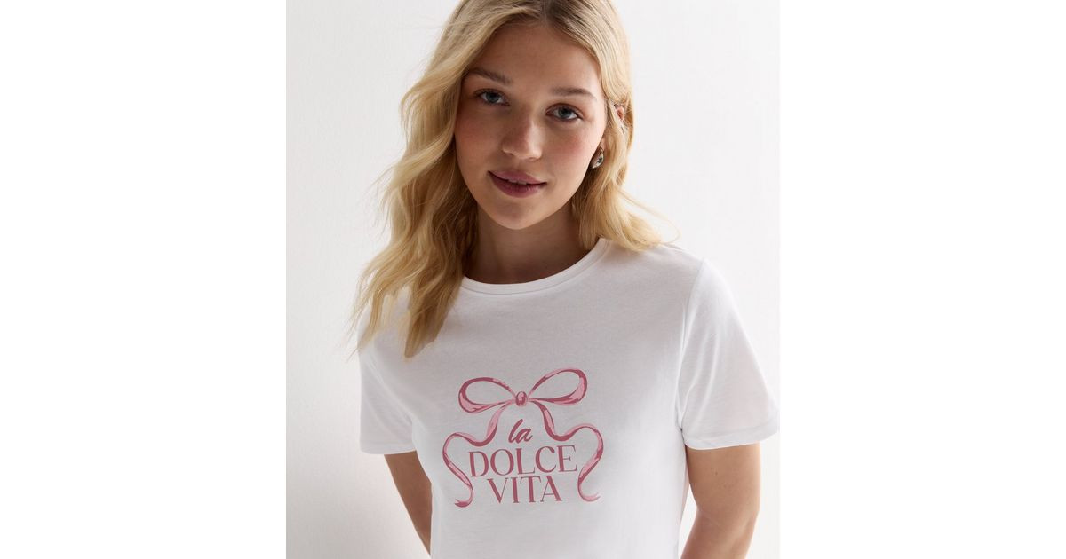 White La Dolce Vita Bow Print Cotton T-Shirt | New Look | New Look (UK)