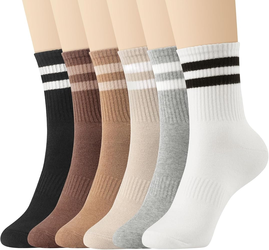 6 Pairs Crew Socks for Women Striped Cotton Causal Arch Support Soft Breathable Socks | Amazon (US)