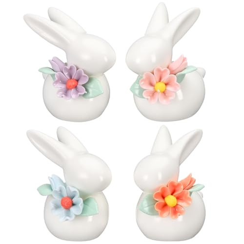 Amyhill 4 Pcs Easter Bunny Figurine Decorations Mini Ceramic Rabbit Figurines Cute Porcelain Bunny Decor Spring Rabbit Ornament with Flowers for Tabletop Centerpiece Office Room Home Decor | Amazon (US)