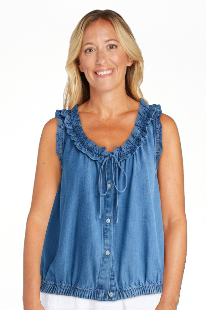 Free Assembly Eyelet Ruffle Sleeveless Chambray Top, Sizes XS-XL | Walmart (US)