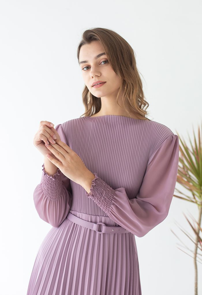 Full Pleated Belted Maxi Dress in Lilac | Chicwish