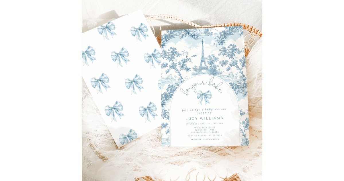 Bonjour Bebe Toile Blue Bow French Baby shower Invitation | Zazzle | Zazzle