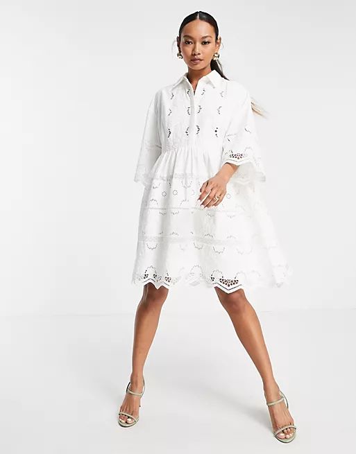 ASOS EDITION mini shirt dress with cutwork in white | ASOS (Global)