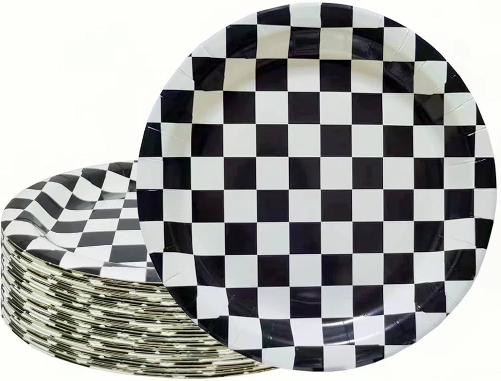 24 Pcs 9 Inch Black & White Checkered Paper Plates,Racing Car Dessert Plates Racing Car Party Dec... | Amazon (US)