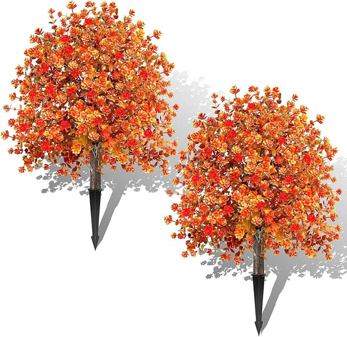 2 Pack Artificial Boxwood Topiary Ball Trees with Fall Flowers & Ground Spikes for Outdoor, UV Re... | Amazon (US)