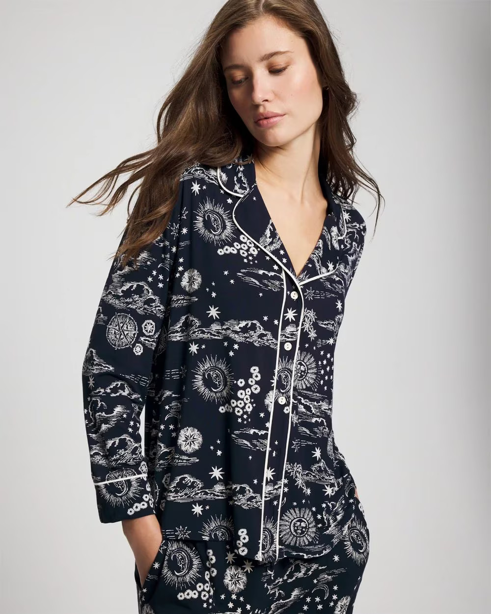 Cool Nights Long Sleeve Notch Collar with Piped Placket Pajama Top | Soma | SOMA