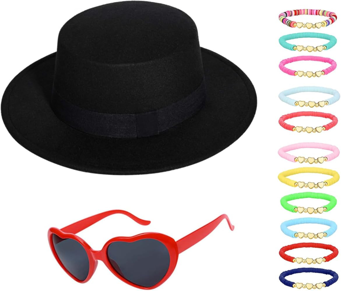 3 Pcs Halloween Singer Costume Include Black Fedora Hat,Heart Sunglasses and Friendship Bracelets... | Amazon (US)
