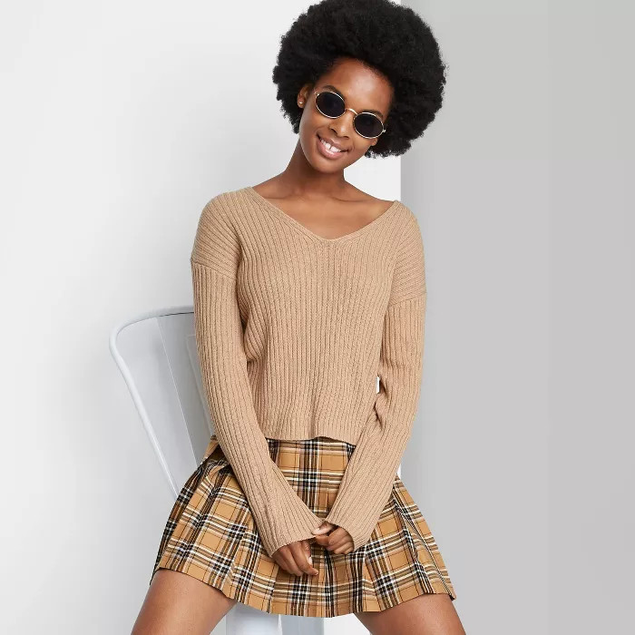 Women's V-Neck Rib Knit Pullover Sweater - Wild Fable™ Taupe Brown M | Target