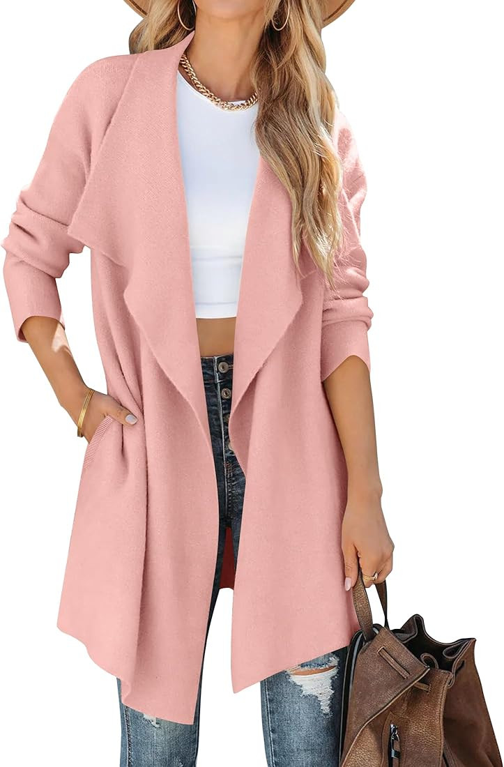 ZESICA Women's 2023 Casual Lapel Cardigan Long Sleeve Open Front Irregular Hem Soft Knitted Sweat... | Amazon (US)