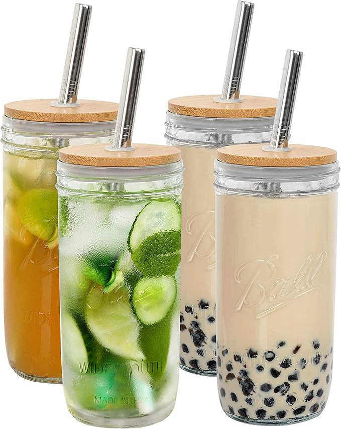 Mason Jar with Lid and Straw, 24oz Wide Mouth Mason Jar Drinking Glasses Tumbler, Reusable Boba C... | Amazon (US)