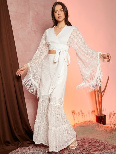 SHEIN Floral Lace Sleeve Tie Front Tassel Detail Top | SHEIN