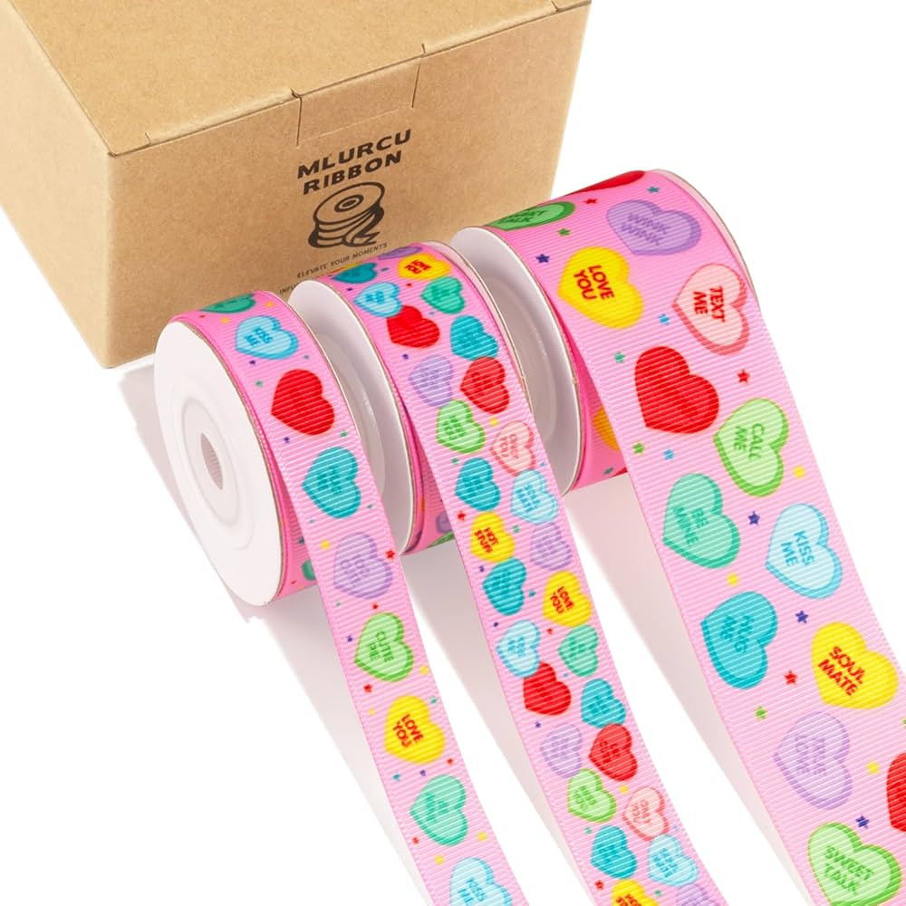 Candy Hearts Grosgrain Ribbon 3 Rolls Pink Valentine Ribbon 5/8", 7/8", 1.5" Conversation Heart P... | Amazon (US)