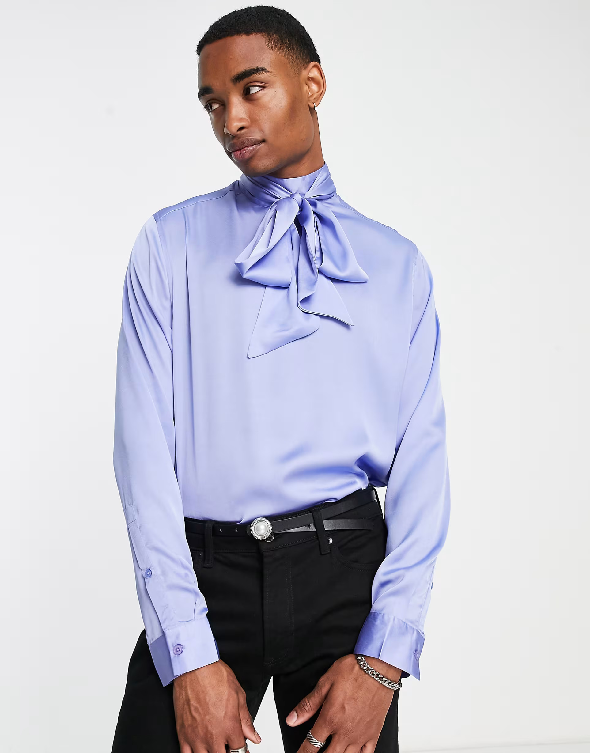 ASOS DESIGN satin shirt with pussybow tie neck in cornflower blue | ASOS (Global)