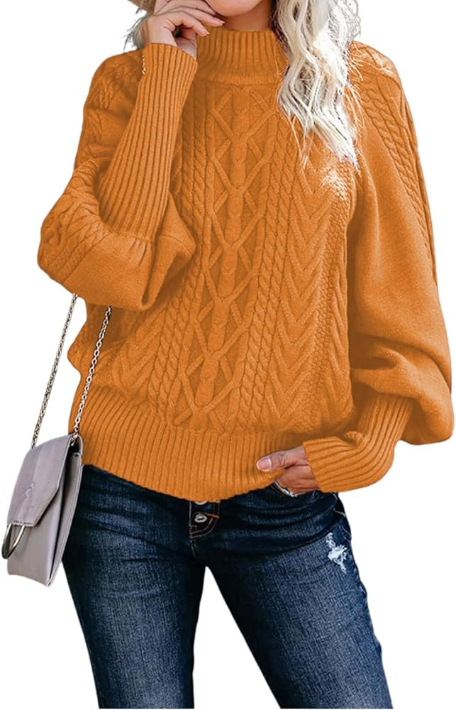 Women's Chunky Cable Knit Turtleneck Sweater Winter Pullover with Puff Sleeves Solid Color Loose ... | Amazon (US)