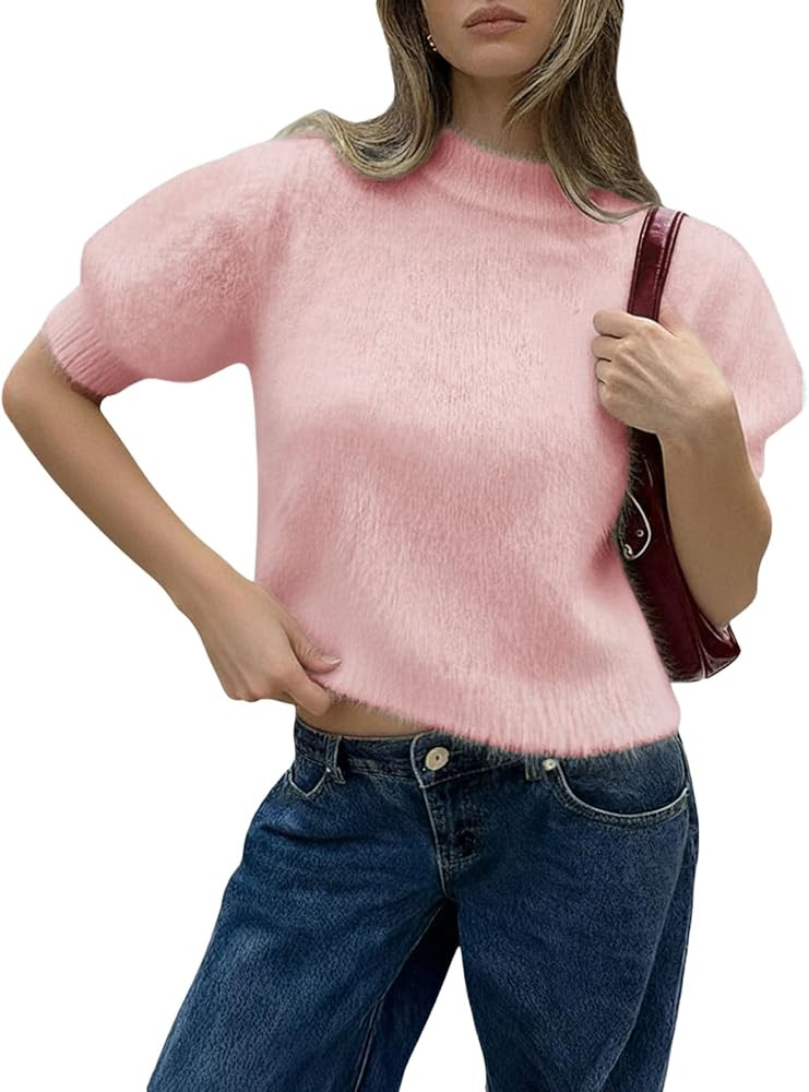 Verdusa Women's Short Sleeve Sweater Lightweight Furry Fuzzy Cropped Sweaters Trendy | Amazon (US)