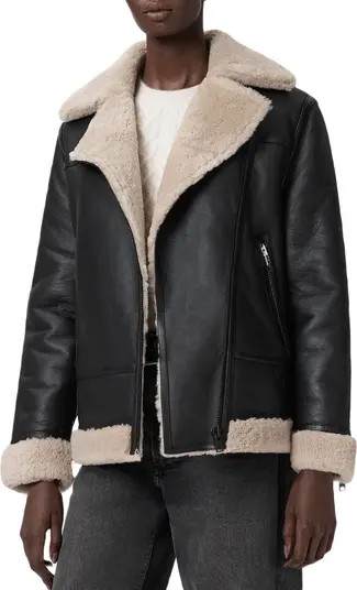 AllSaints Sola Oversize Genuine Shearling Biker Jacket | Nordstrom | Nordstrom